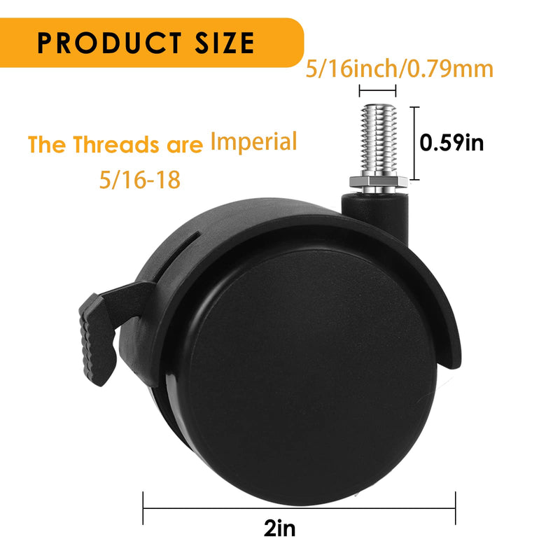 2" Stem Casters Replacement Casters Threaded Swivel Furniture Caster Wheels with Brakes 100Lbs (5/16-18-Black-No Brake) 5/16-18-Black-No Brake