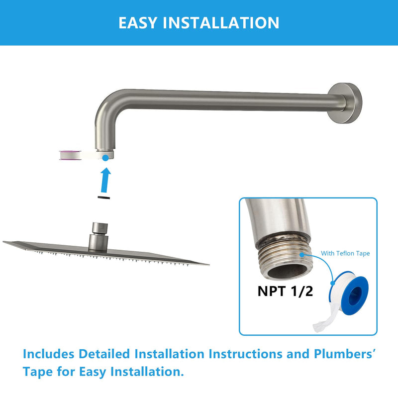 Lordear Shower Arm 16 Inch Shower Extension Arm Brushed Nickel T304 Stainless Steel Long Shower Head Extension Tube, Shower Extender Arm with Flange, Shower Head Pipe