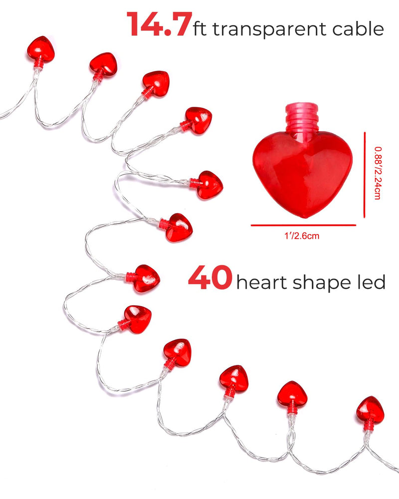 Luditek 14.7ft 40LED Valentines Day Decorations String Lights, Battery Operated Heart Shape Hanging Garland Valentines Day Decor for Indoor Outdoor Home Room Party Wedding 1 PACK