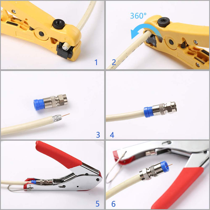 Coax Cable Crimper Kit Coaxial Cable Rg6 Compression Tool Kit with 20PCS F RG6 Connectors, Wire Coax Cable Stripper Tool Stripper&Crimper