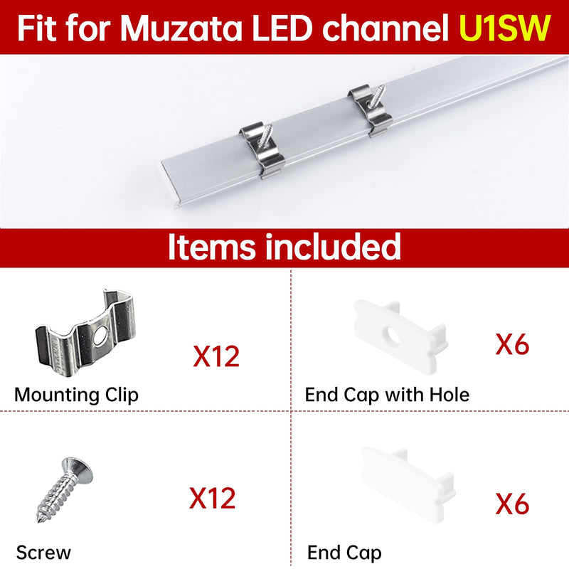 Muzata LED Channel Install Accessories Including 12Pack Stainless Steel Mounting Clips and 6Pack Grey End Caps fit Muzata U1SW U Shape Aluminum LED Strip Light Channel LCU1 WW