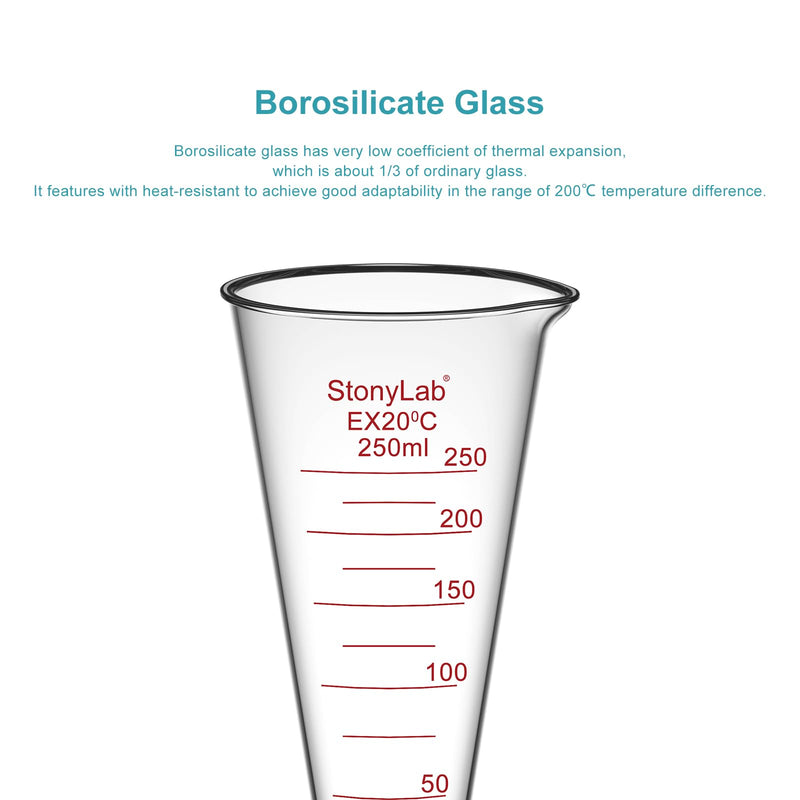 stonylab Graduated Cylinder, 1-Pack Borosilicate Glass Conical Measuring Cylinder Beaker with Wide Mouth and Pour Spout for Precise Measurement, 250 ml