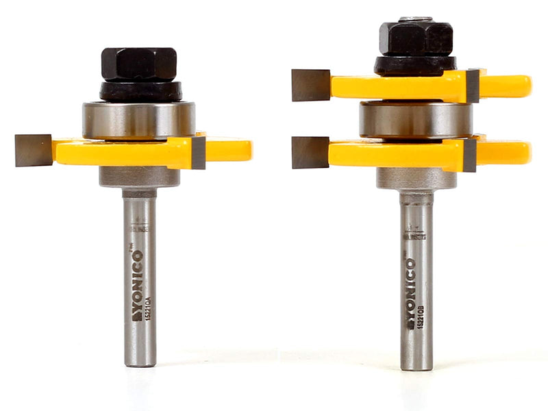 YONICO Tongue and Groove Router Bits Set Up to 3/4-Inch Stock 1/2" Cutting Depth 2 Bit Set 1/4-Inch Shank for Edge-to-Edge Hardwood Flooring, Paneling, Cabinet Door, Plywood Sheathing 15221q Up to 3/4" Stock - 1/2" Depth - 1/4" Shank