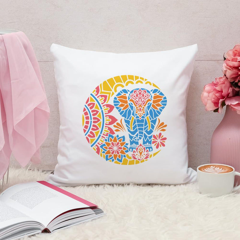 FINGERINSPIRE Moon Mandala Elephant Stencil 11.8x11.8inch Mandala Elephant Painting Stencil Moon Lotus Pattern Stencil Flower Moon Large Stencil Fantasy Theme Decor Template for Wall Tiles Floor