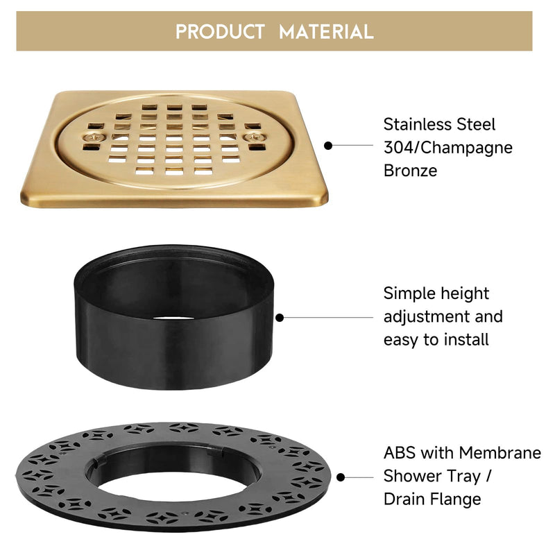 Yaseingo Removable Square Shower Floor Drain Compatible with Schluter Kerdi Drain Flange, 4 Inch Drain Grate Kit SS304 Stainless Steel and ABS Material - CUPC Certification, Champagne Bronze
