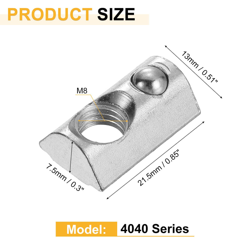 uxcell Roll-in Spring M8 T Nut, Roll Ball Elastic Nuts for 4040 Series Aluminum Extrusion Profile Suitable for Aluminum Profile with 8mm Groove Depth, Pack of 50