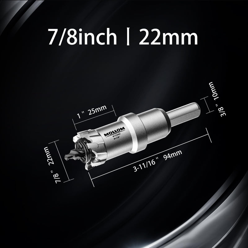 (7/8''|22mm) Heavy Duty Carbide Hole Saw with 2 Pilot Drill Bits, Hole Cutter cuts Stainless Steel, mild Steel, Iron, Copper, Brass, Plastic 22mm | 7/8" 1