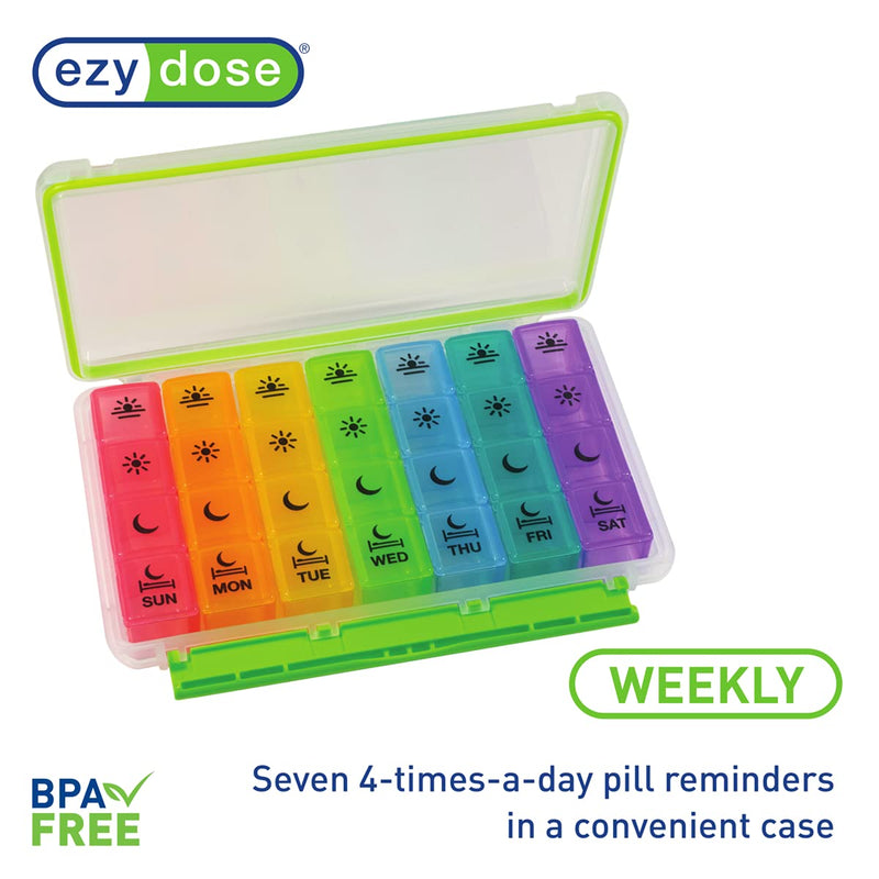 Ezy Dose Weekly (7-Day) Pill Case, Medicine Planner, Vitamin Organizer Box, Convenient and Easy to Use, X-Large Pop-Out Compartments, 4 Times a Day, Rainbow Lids with Case, BPA Free