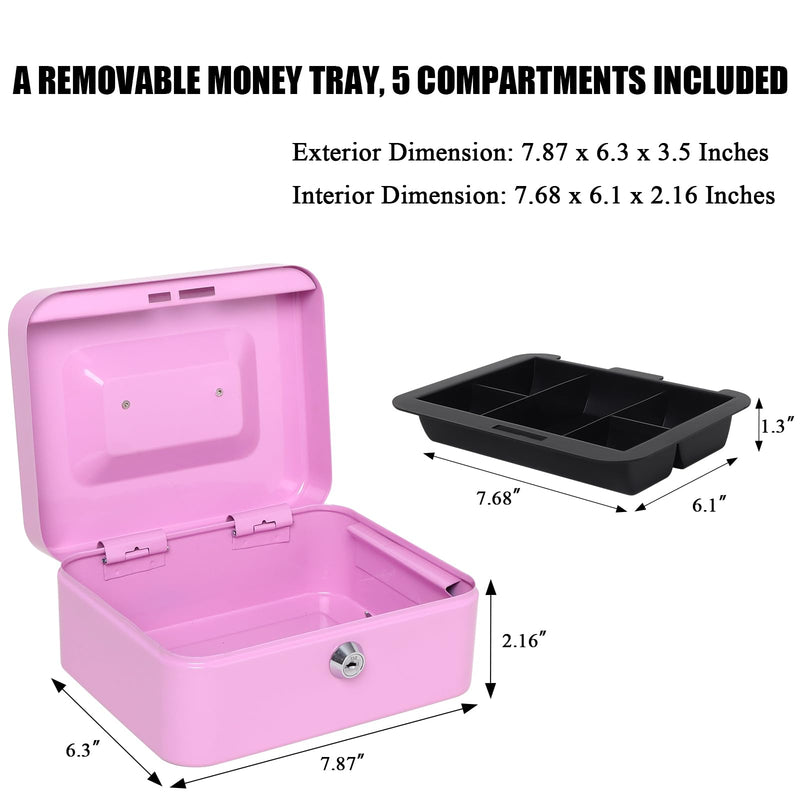 Jssmst Cash Box with Key Lock - Durable Metal Cash Box with Money Tray, Light Purple, Medium