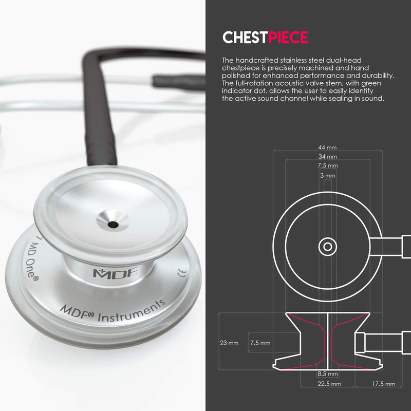 MDF Instruments, MD One Stainless Steel Stethoscope, Adult, Black Tube, Silver Chestpieces-Headset, MDF77711