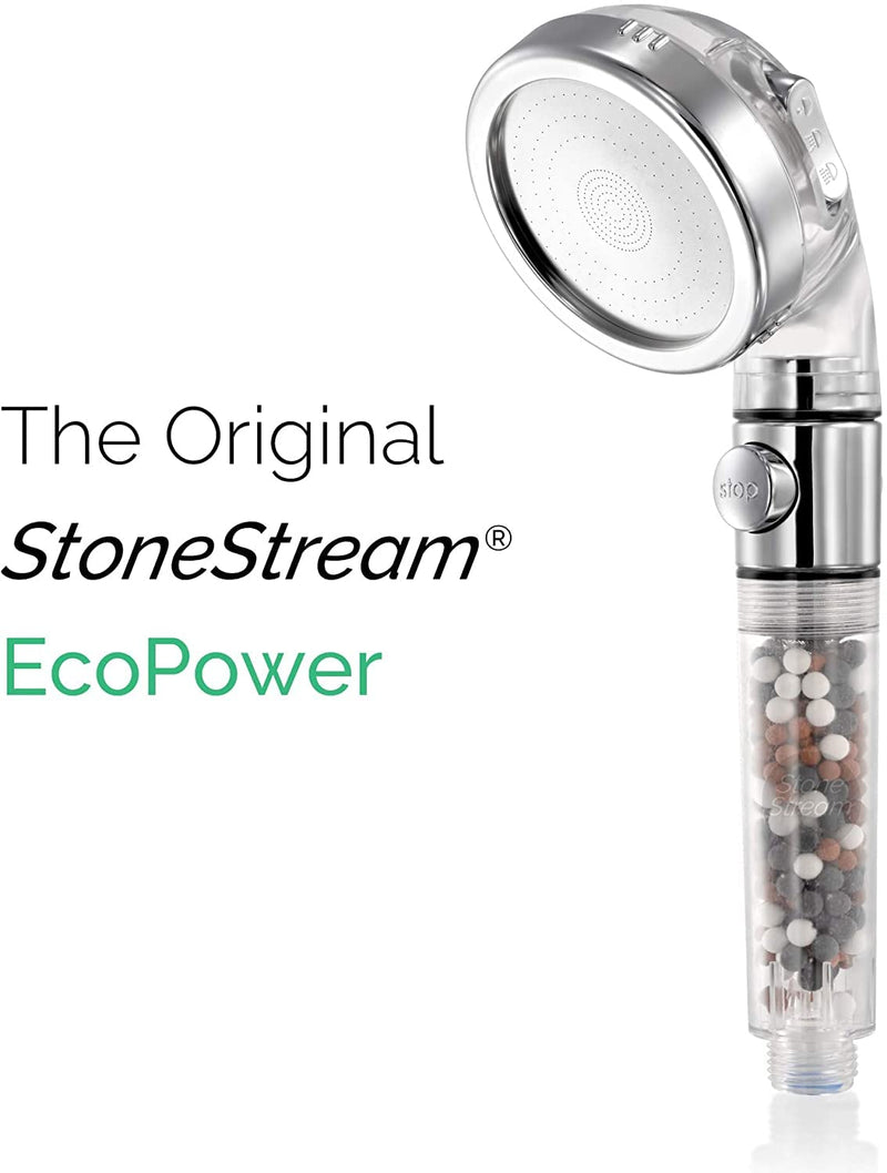 Original StoneStream Filtered Shower Head, Eco Power High Pressure Water Softener Showerhead with ON/OFF switch and Spa like Ionic beads for Dry Skin & Hair — 3 Spray Settings 3-Setting Shower Head