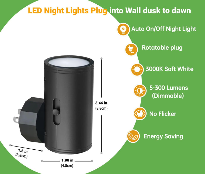 4 Pack LED Night Light, Plug Into Wall, Dusk to Dawn Sensor, Soft White 3000K,Uplight & Downlight, for Bedroom, Stairway, Hallway,Bathroom Dimmable 4PK-B