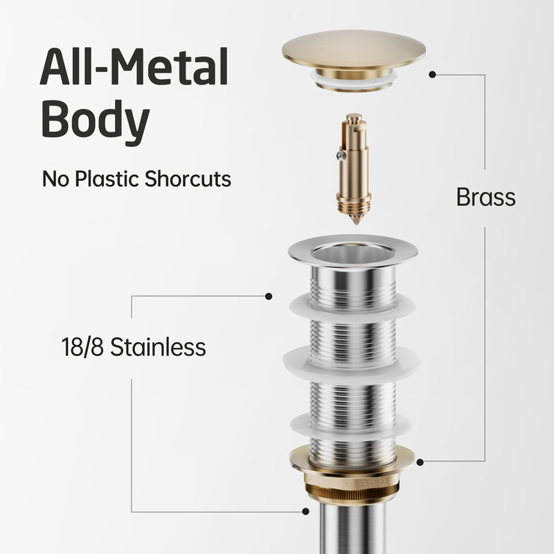 KES All-Metal Pop Up Bathroom Sink Drain, Extended Thread for Thicker Vessel Sinks & Countertops, Durable Brass & Stainless Steel, No Overflow, Brushed Gold, S2022D-BZ NO Overflow, Long Thread