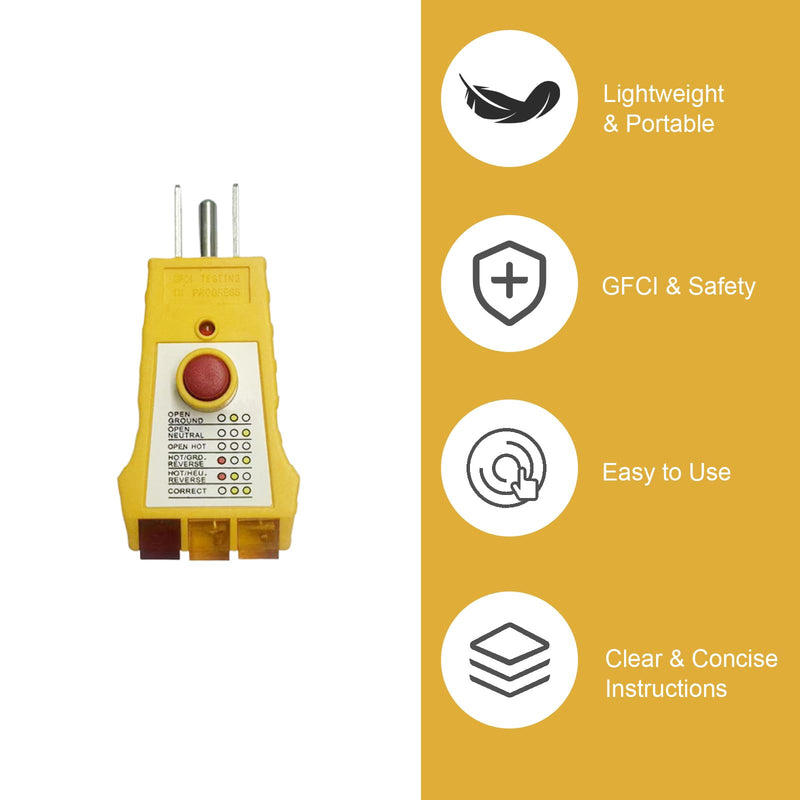 Outlet Tester with GFCI Check - Grounding & Receptacle Circuit Tester, Electric Outlet Tester Plug in, Automatic Electric Circuit Polarity Voltage Detector Breaker Finder (Yellow) Yellow