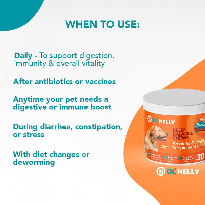 OL'Nelly Dog Probiotic Chews, 5.4 Billion CFU, 6 Strains, Pumpkin, Inulin & Yucca Root, Digestive Health Supplement for Dogs, Supports Gut Balance, Firmer Stools, Anal Gland Health, Gas & Bloating