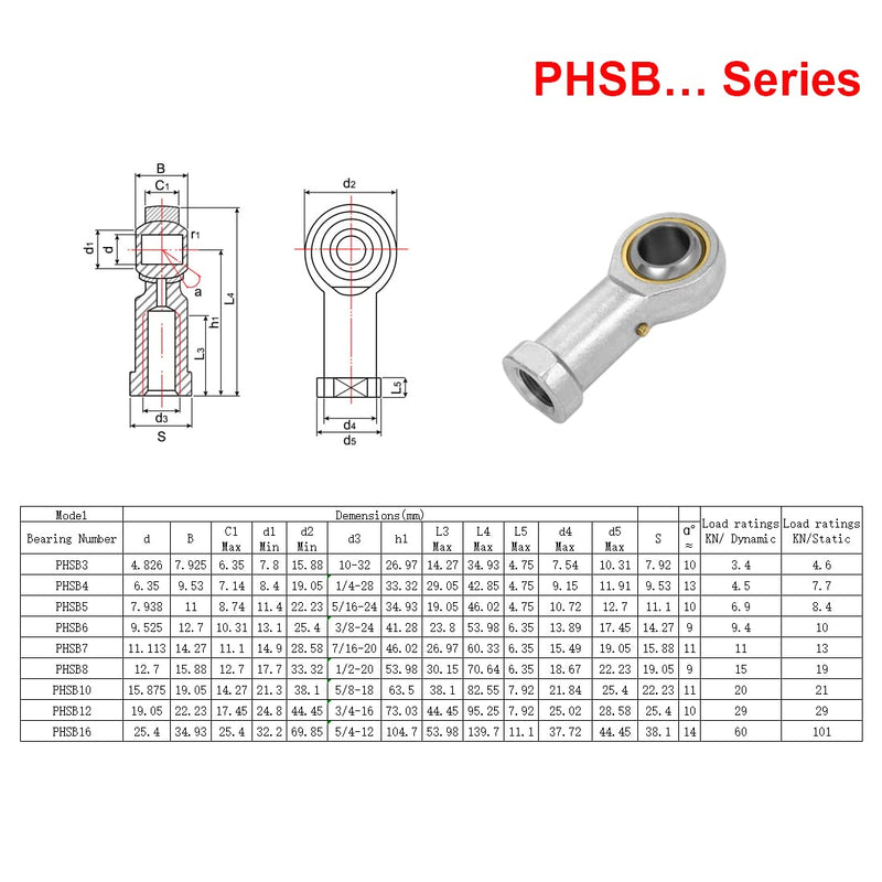 PHSB5 Rod End Bearing 5/16 Inch Bore and 5/16-24 Right Hand Thread, Self-Lubricating Female Heim Joint Rod Ends,IncludesJam Nuts 2pcs