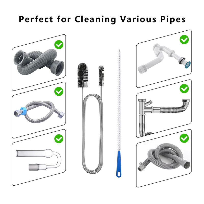 Flexible Extra Long Drain Brush, Drain Unblocker Tools,61 inch Pipe Cleaner Brush and 17.7 inch Sink Unblocker Brush, Double Ended Nylon Brush for Curved Pipes and Slim Holes