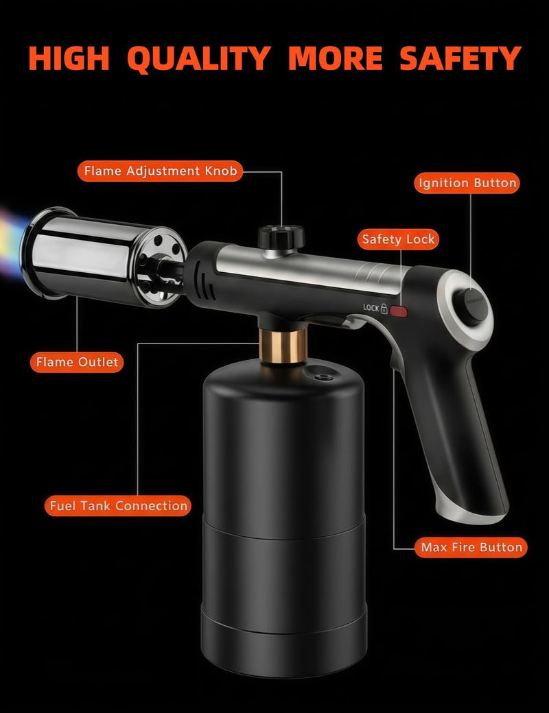 Propane Torch Gun,Weed Torch Propane Burner & Flame Thrower Gun, Cooking Torch Lighter with Safety Lock for Cooking, BBQ, Grill, Welding, Charcoal Lighting (Tank Not Included) Black