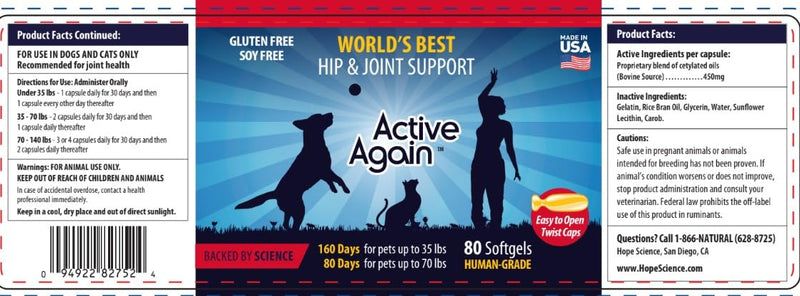 Active Again Hip and Joint Support Supplement for Dogs - Advanced Joint Supplement, Natural Formula, Arthritis Relief & Long-Term Joint Health & Mobility Supplement, 80 Capsules 80 caps - PawsPlanet Australia