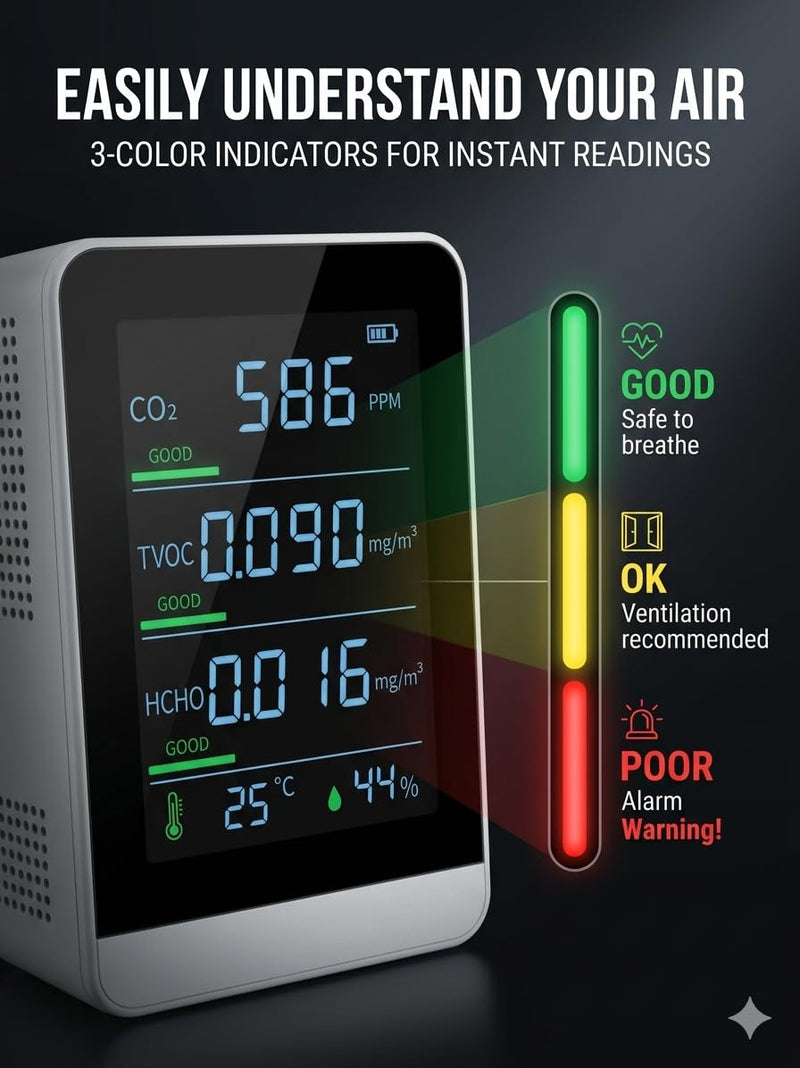 5-in-1 Indoor Air Quality Monitor, Professional CO2 Detector & Formaldehyde (HCHO) Tester, Portable TVOC Digital Hygrometer Thermometer for Home Office Car, White