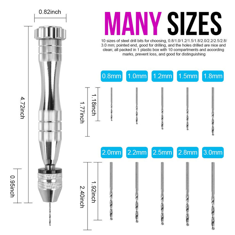 LEOBRO Pin Vise for Resin Casting Molds, Steel Hand Drill, Resin Drill with 10 PCS Drill Bit, Precision Hand Drill Tools for Epoxy Resin Arts Crafts, Wood, Clay, DIY Resin Keychain Jewelry Making A-silver