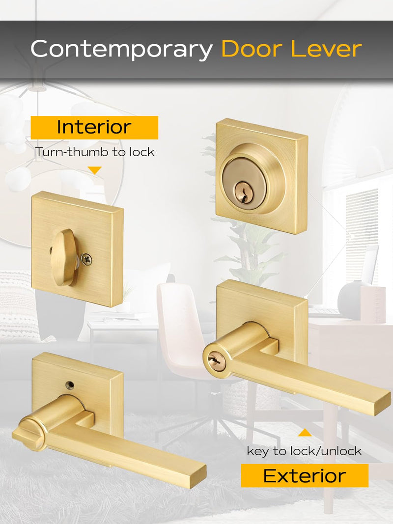 EHOMEWARE 1 Set Entry Door Handle and Single Cylinder Deadbolt Lock and Key Combo Pack - Heavy Duty Square Locking Lever Set - Interior/Exterior Door Levers in Satin Brass Finish Entry Door Lock with Single Deadbolt Cylinder