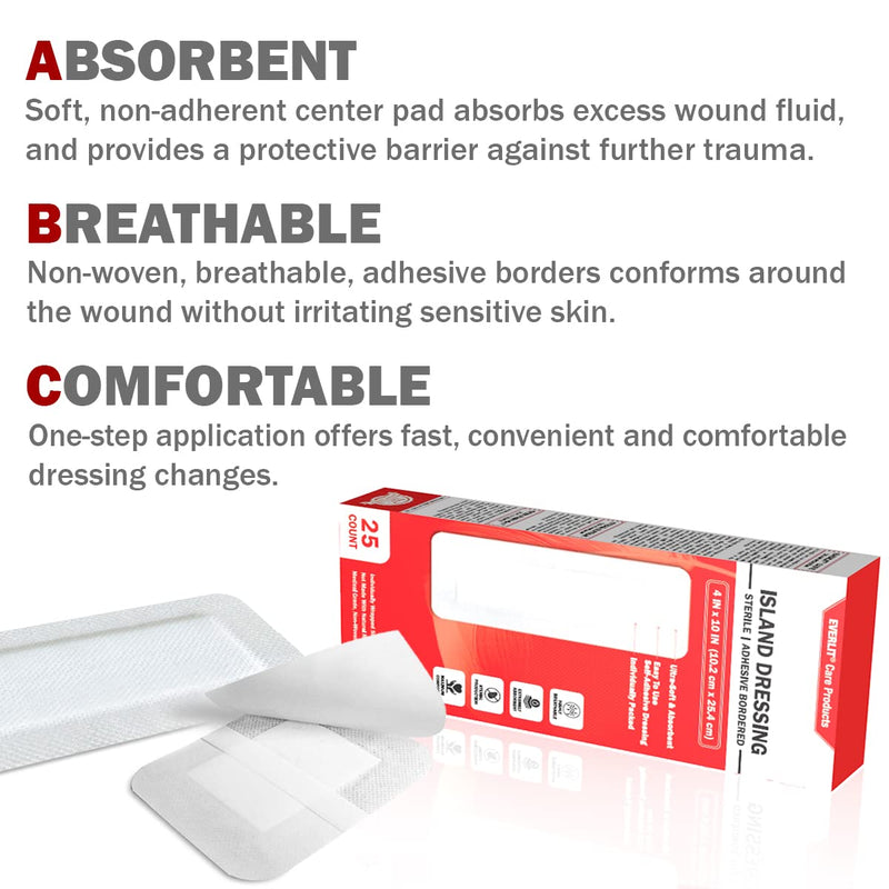 EVERLIT Island Dressing Bordered Gauze | Large Wound Care Bandage with Adhesive Border| Sterile, Soft & Highly Absorbent Medical Grade Dressing Pad (4x10 Inch (Pack of 25)) 4x10 Inch (Pack of 25)
