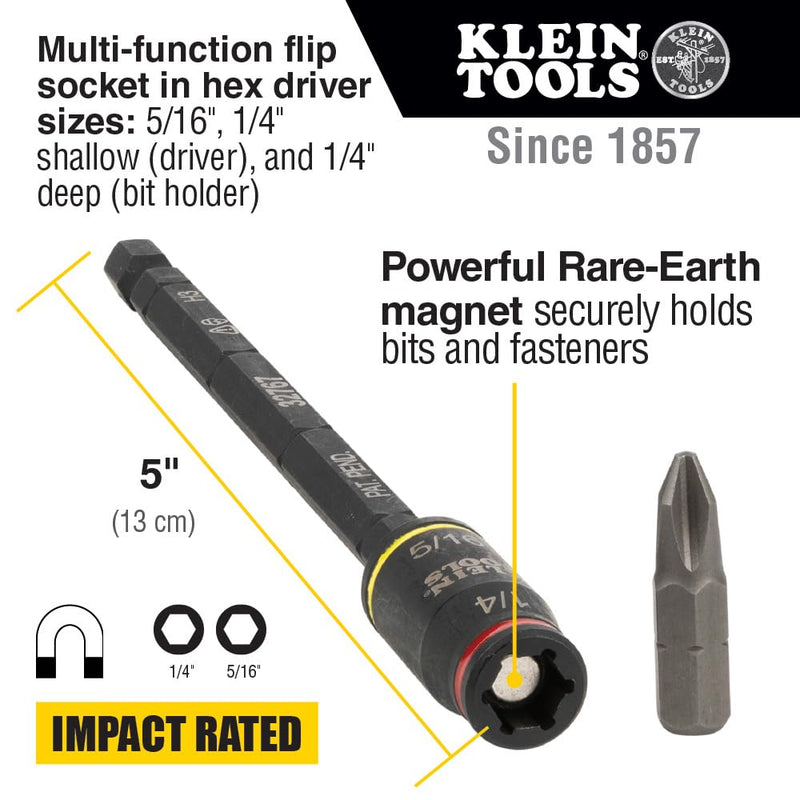 Klein Tools 32767 Impact Driver, SAE 3-in-1 Impact Socket and Bit Holder, Flip Socket with 1/4-Inch and 5/16-Inch Hex Drivers, 5-Inch Length 1 Count (Pack of 1) fastener drive bit