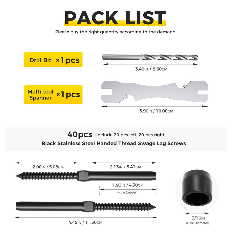 WAYSKA 40 Pack 3/16" Black Stainless Steel Cable Railing kit for Wood Post
