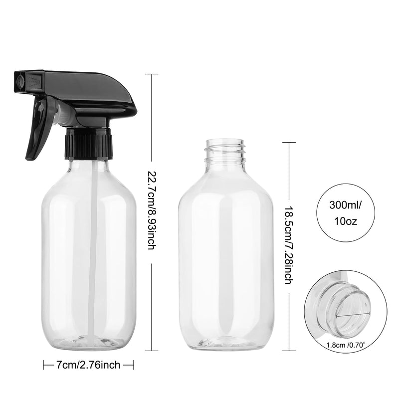 Plastic Spray Bottles Clear and Brown Refillable Container Empty Spray Bottle 10oz/300ml Adjustable Head Sprayer and Stream for Cleaning Products, Plants, Pet, Hair 2clear