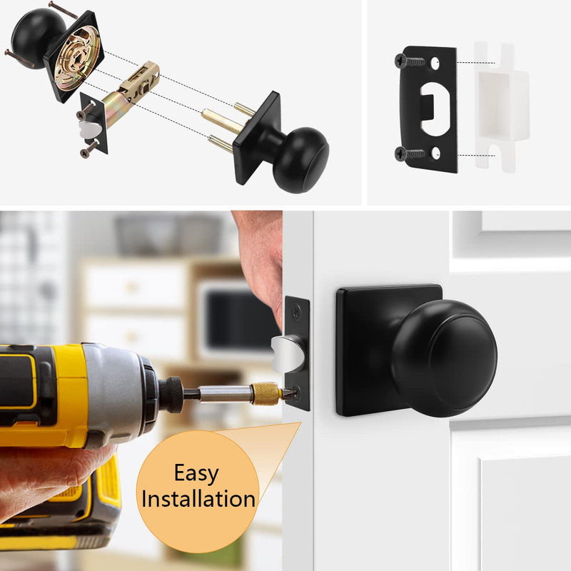 Probrico Black Passage Door Knobs Round Handles for Hall or Closet Keyless Non-Locking Interior Knobs with Square Rosette, 3 Pack