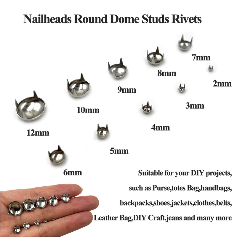 Honigo 200pcs Nailheads Dome Studs Rivets Silver Metal Solid Brass 2/3/4/5/6/7/8/9/10/12mm 4 Prongs Spikes Spots for Leather Craft Clothes Belt Bag Shoes Decorations Totes DIY Craft Round-Silver 200 Pack 2/3/4/5/6/7/8/9/10/12MM