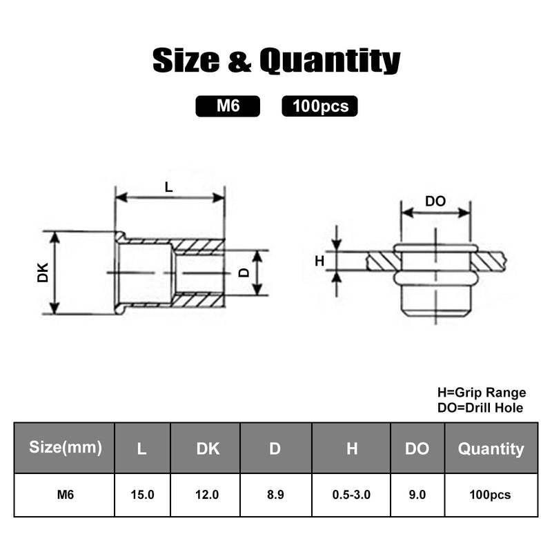 100Pcs M6 Rivet Nut 304 Stainless Steel Rivnut Threaded Insert Nut, Knurled Body (VG30523) 304 Stainless Silver