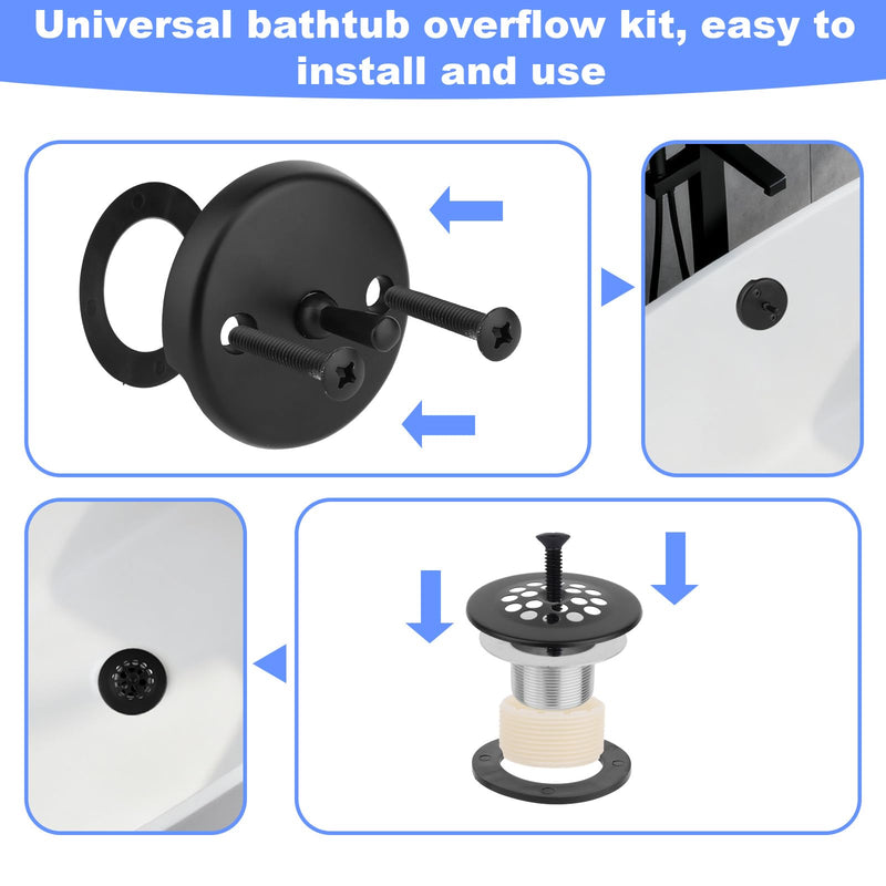 Black Bathtub Drain and Overflow Panel Kit, Universal Bathtub Conversion Kit with Overflow Panel Gasket & Matching Screws Drain Assembly Replacement for Bathroom Tubs