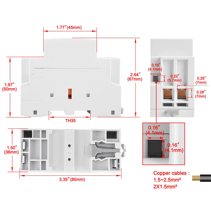 Heschen Household AC Contactor HSR1-63 2 Pole Two Normally Closed 220V/230V Coil Voltage 35mm DIN Rail Mount