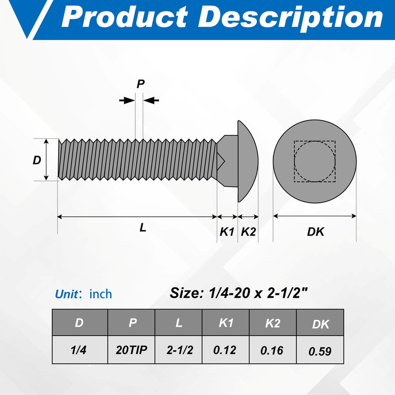 Zonon 25 Sets 1/4-20 x 2-1/2" Stainless Steel Carriage Bolts and Nuts Kit Round Head Square Neck Carriage Bolts Screws and Hex Nuts and Flat Washers, Stainless 18-8 Full Thread Coverage (Black) 1/4-20 x 2-1/2" Black