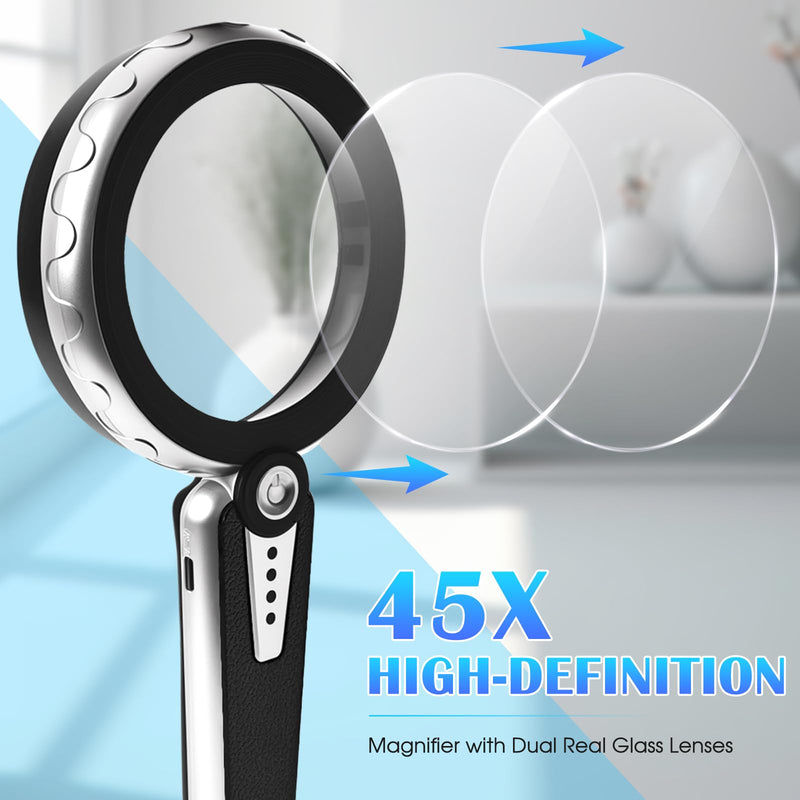45X Magnifying Glass with Light, 4.6-Inch 1200mAh USB Rechargeable, 6 Color Modes for Low Vision Seniors, Reading, Jewelry & Coin Appraisal - Black Silver Black-silver