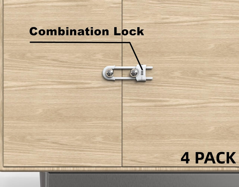 4 Pack Child Proof Sliding Cabinet Door Code Locks Baby Safety Cupboard Locks Adjustable U Shaped Cabinet Latches for Knob Handle Drawers Closet Plastic (4 PCS, White) 4 PCS