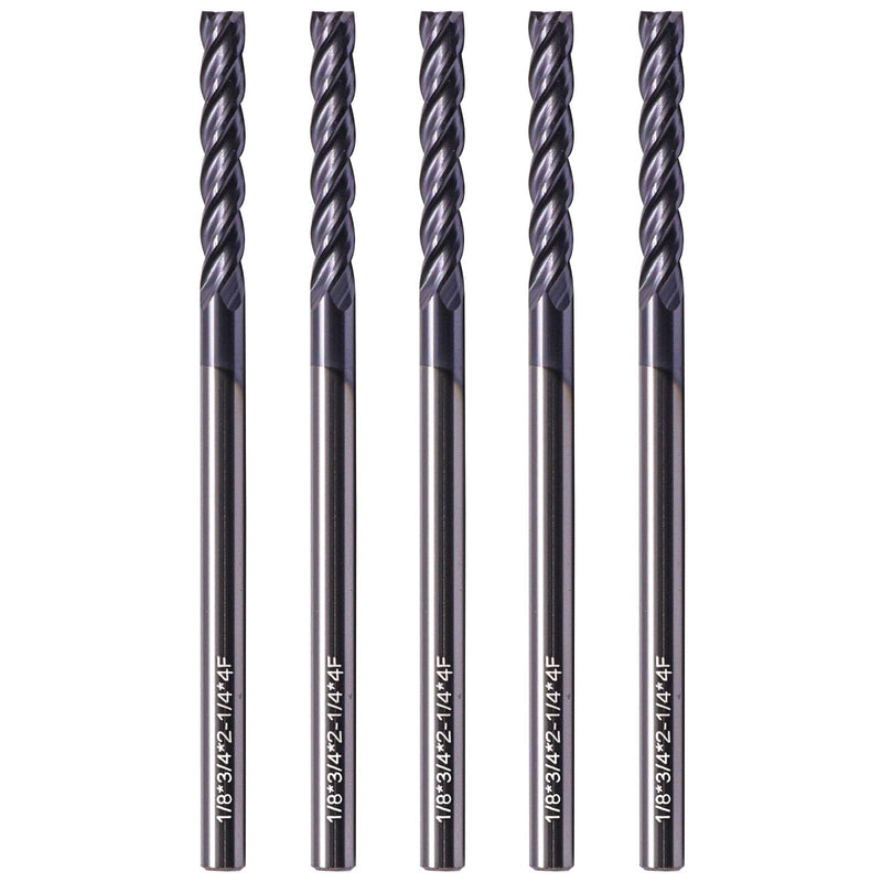 BestParts 5Pcs 1/8" 4 Flute Solid Carbide Long Square End Mill AlTiN Coated | 30 Degree Helix, 1/8" Cutting Diameter, 1/8" Shank Diameter, 3/4" Length of Cut, 2-1/4" Overall Length 1/8" x 3/4" x 2-1/4" 5