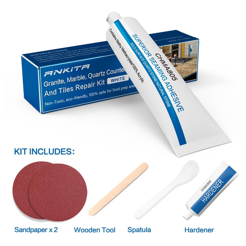 Quartz Countertop Chip Repair Kit (White), Marble and Granite Repair to Fix Nicks, Chips, Scratches on Granite, Marble, Porcelain, Corian, Travertine, Quartz, Acrylic and Other Natural Stone Surfaces No. 01 White