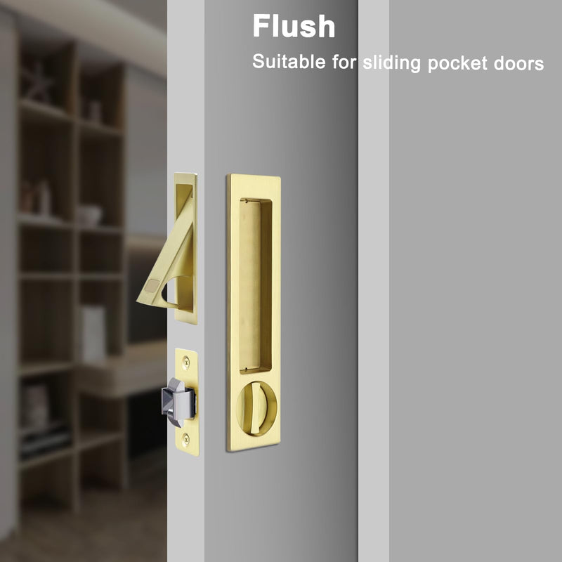 Dontay Pocket Door Handle with Lock and Edge Pull, Narrow Modern Rectangular Keyed Entry Function, Recessed Sliding Door Hardware for 1 3/8” to 2 3/16” Thickness Door (1, Satin Brass)