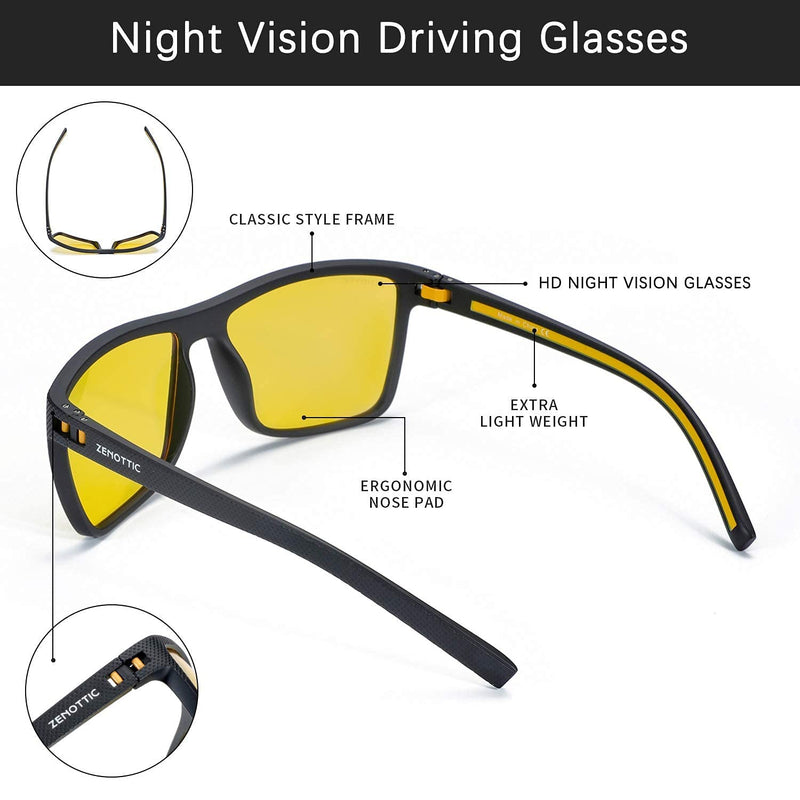 ZENOTTIC Polarized Sunglasses for Men Lightweight TR90 Frame UV400 Protection Square Sun Glasses C09 Black Frame / Night Driving Glasses