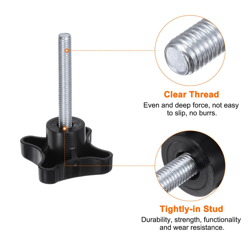 HARFINGTON 2pcs Star Knobs M8 x 50mm Male Thread Plastic 4-Star Stud Knob Hand Tightening Clamping Screw Replacement Threaded Handle, Black