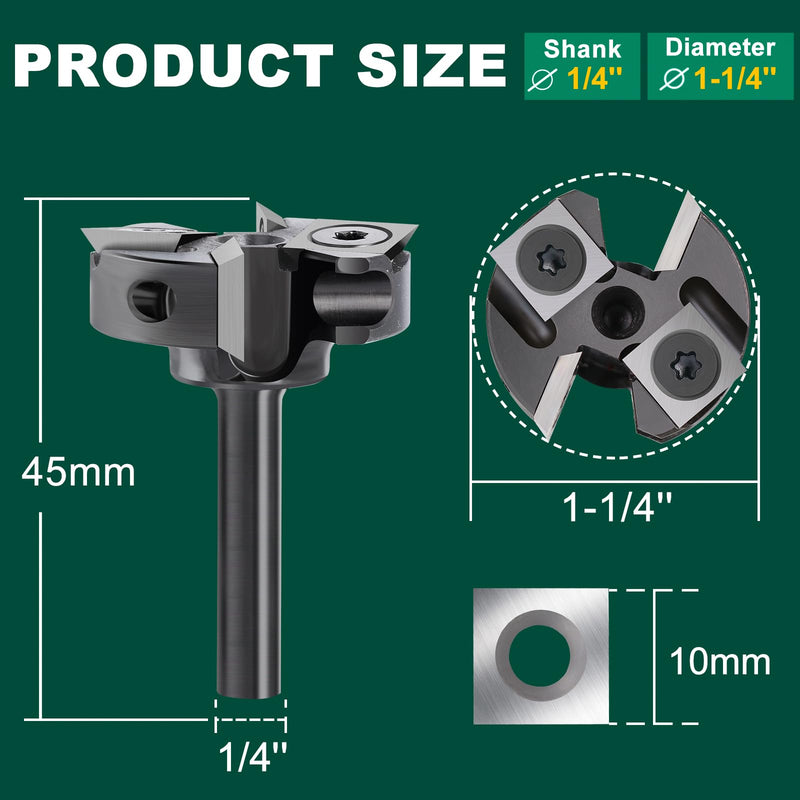 Slab Flattening Router Bit 1/4 inch Shank, 1-1/4'' Diameter, 4Wing | CNC Spoilboard Surfacing Router Bit Wood Planer Bit for Slab Flattening, Spoilboard Leveling, Trimming, and Grooving 1/4" Shank-1-1/4" Cut Dia. (2+2 Inserts)