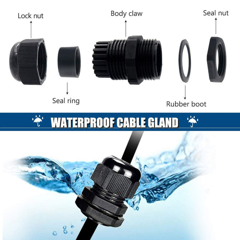 25Pcs PG16 Cable Gland, Plastic Waterproof Adjustable 8.5-14mm IP68 Cable Gland Joint with Rubber Gaskets, M22*1.5 Wire Connector, Wire Protector (Black)