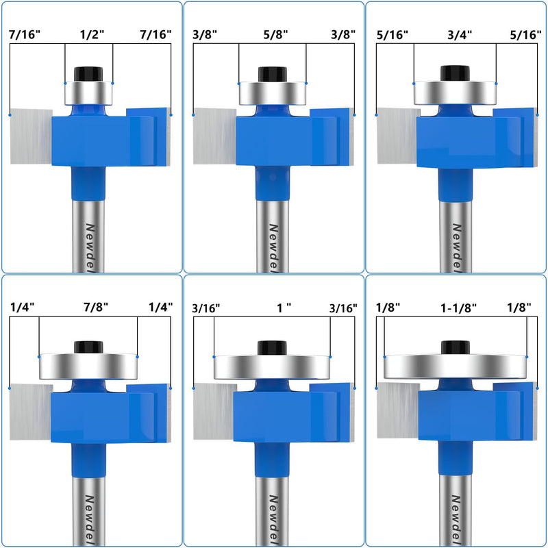 Newdeli Rabbet Router Bit Set 1/4 Inch Shank - 4Pcs Rabbeting Router Bits（1/8",1/4",3/8", 1/2" Height） with 6 Bearings Set (3/8", 1/2", 5/8", 3/4", 7/8", 1-1/8" Bearings) - Wood Biscuit Slot Cutters 4Pcs Rabbet Router Bits-6 Bearings-1/4" Shank