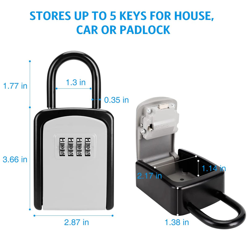 Key Lock Box, Upgraded Wall Mounted Key Safe Box, Weatherproof 4 Digit Combination Key Storage Lock Box, 5 Keys Capacity Lockbox with Removable Shackle for Indoor Outdoor, Small Size 3.66inch（Silver ） 1 Pack Silver