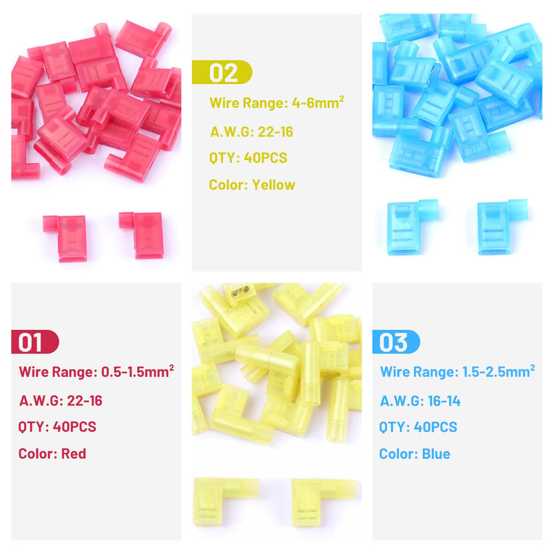 120PCS Nylon Insulated Flag Spade Quick Disconnects Wire Connectors, 90 Degree Electrical Female Crimp Terminals Assortment Kit AWG22-10 120 PCS Flag Wire Connectors