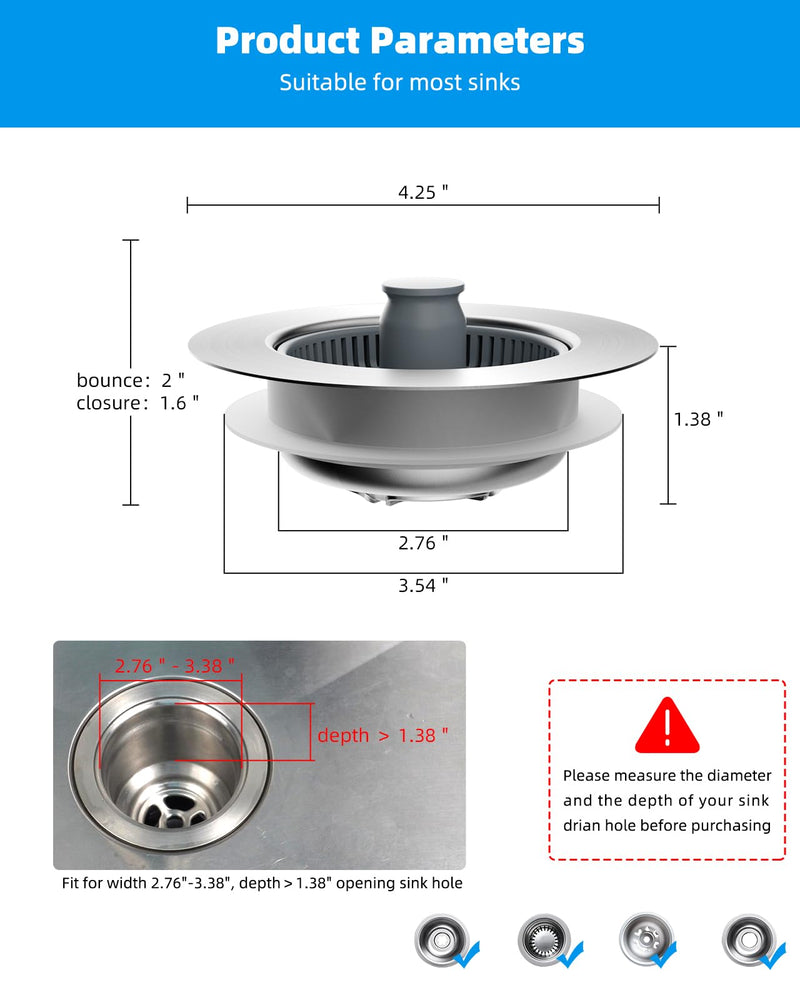 Hibbent Upgraded 3 in 1 Kitchen Sink Drain Strainer and Stopper Combo, Stainless Steel Metal Pop Up Sink Stopper, Anti-Clogging Basket Strainer with Handle for US Standard 3-1/2 Inch Drain Chrome
