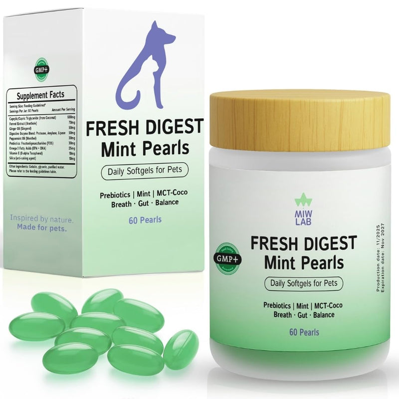 Dog & Cat Breath Mints Freshener Remedy for Oral Bad Odour Supports Hygiene & Gut Health with Natural Mint & Ginger Oil 60 Soft Capsules for Pet Care Prebiotics & Digestive Enzymes
